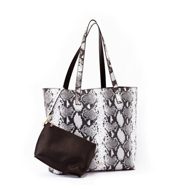 Amana Jeanne Tote back view. Black and grey embossed python print smooth leather tote bag with detachable black zip pocket bag.