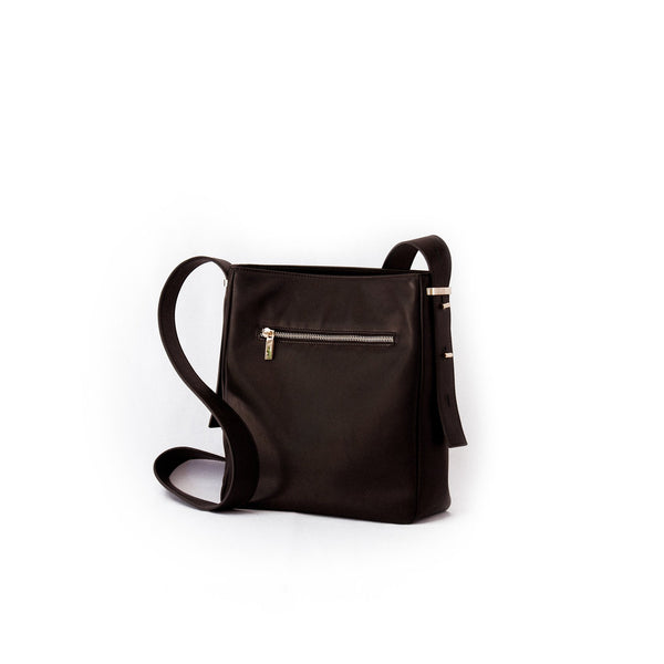 Amana Carla Cross-body Bag back view. Black smooth lamb leather bag with gold zip detail pocket at back.