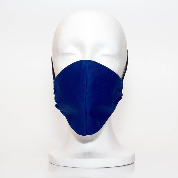 Cobalt Alpha Mask Front View: Solid cobalt colour fabric face mask contoured to fit comfortably on your face. This is a 3 layer fabric mask with a middle pocket to insert the filter as the third layer. The bias binding straps is easily adjustable for your comfort and ties behind your head. This mask has a removable filter. This mask an unisex adult fit.