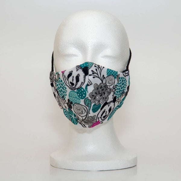 Oltre Print Mask Front View: Teal Panda print. Our teal panda print is fresh and youthful. 3 Layer fabric mask with a middle filter layer that is contoured to fit comfortably on your face. Mask will fit women and teen girls.