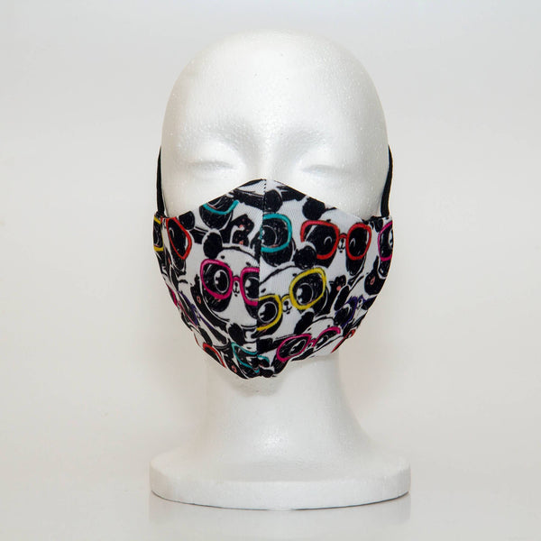Oltre Print Mask Front View: Panda Glass print. Our pandas wearing colourful glasses print is our funky and playful print. 3 Layer fabric mask with a middle filter layer that is contoured to fit comfortably on your face. Mask will fit women and teen girls.