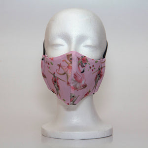 Oltre Print Mask Front View: Ballerina Animals print. Our whimsical ballerina animals are sweet and girly for any dancing girl. 3 Layer fabric mask with a middle filter layer that is contoured to fit comfortably on your face. Mask will fit pre school girls between 3 to 6 years old.